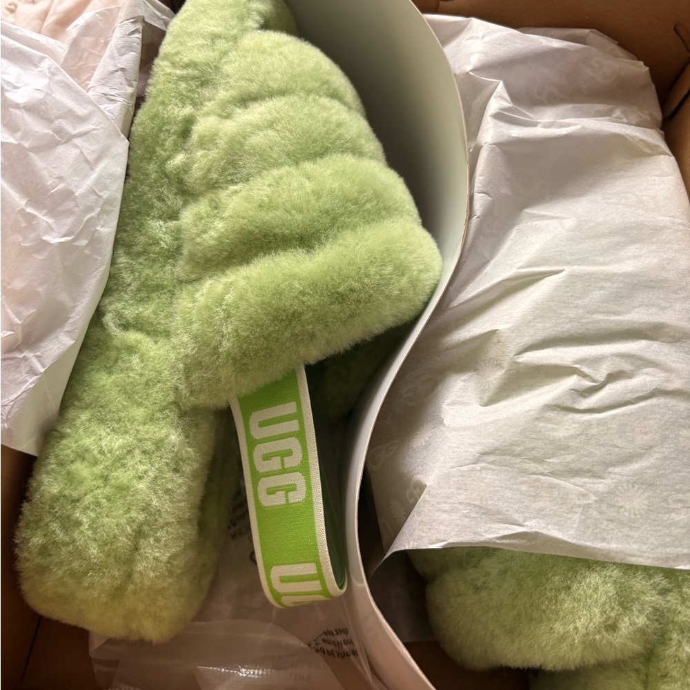 UGG Fluff Slide Sandals in Light Green Shearling